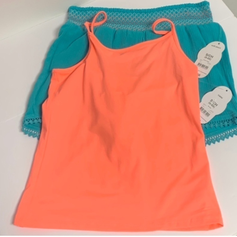 Wonder Nation Girls Size S(6/6X) Teal Shorts & Orange Tank Summer Outfit NEW NWT